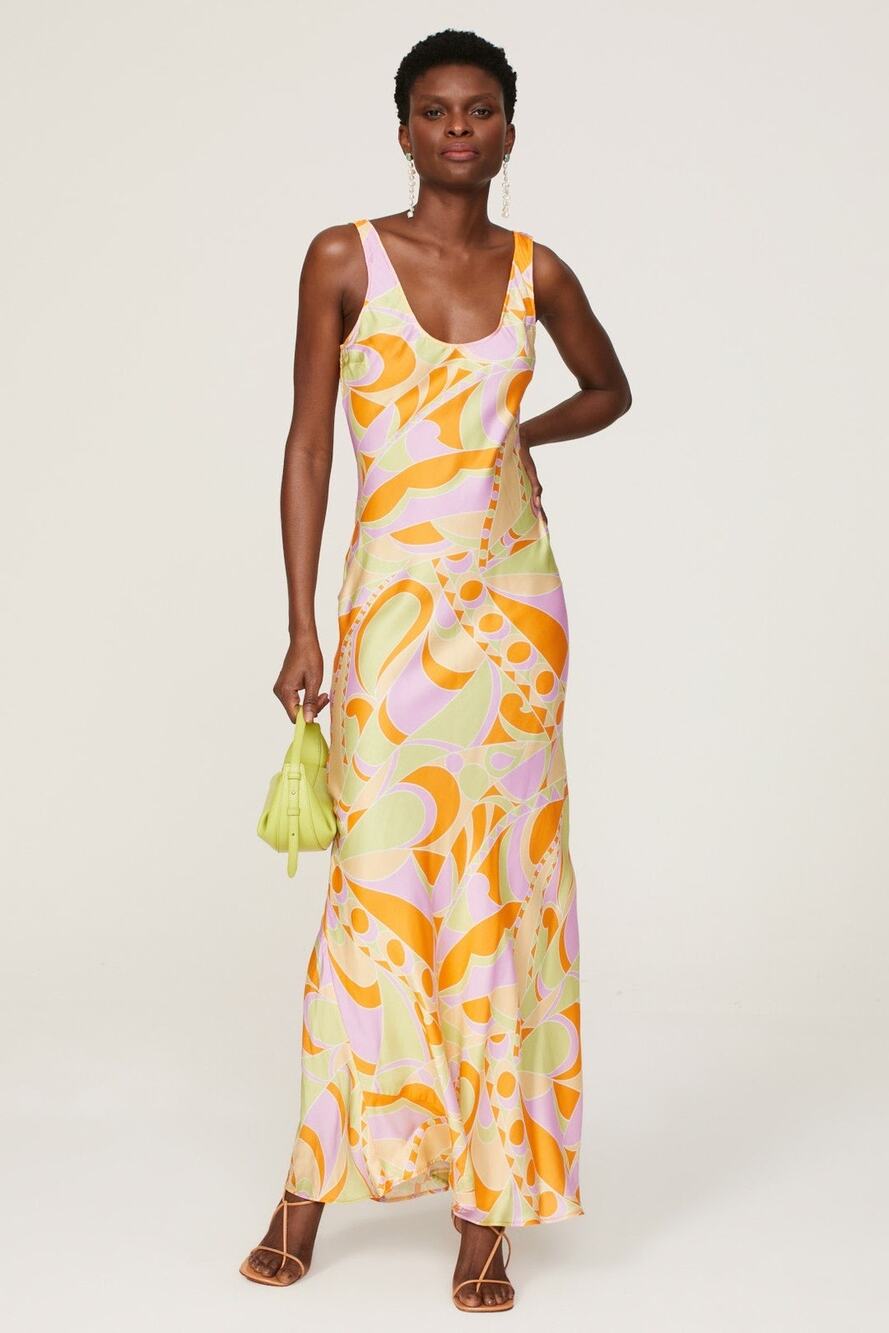 DELFI Collective SzL Orange Multicolor 70s Retro Geo Print Scoop Neck Maxi Dress